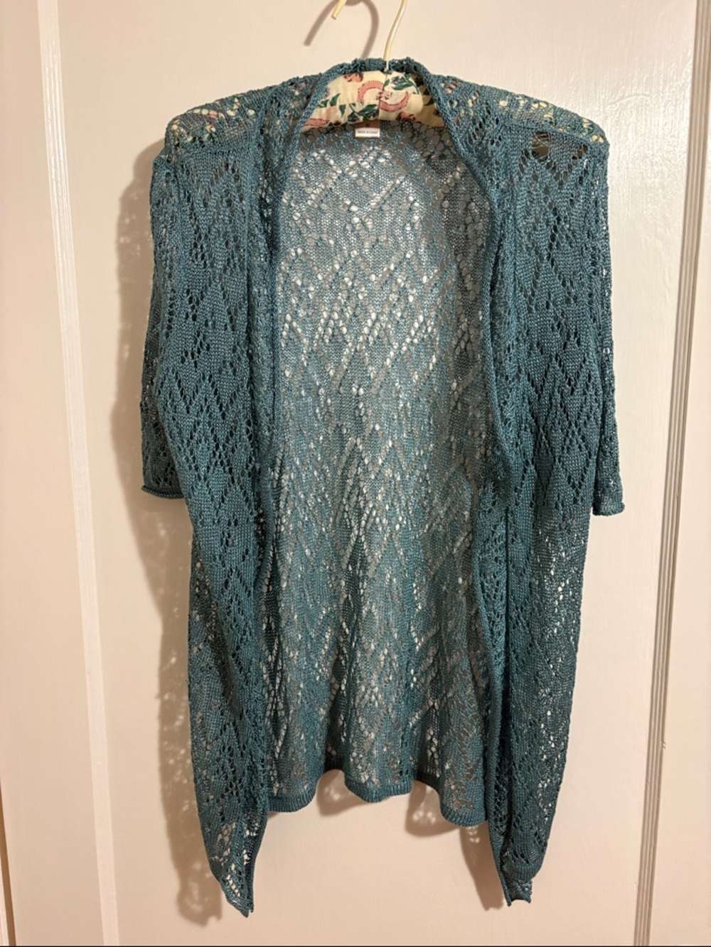 🆕 Christopher & Banks Teal Open-Front Short-Sleeved Lace-Knit Cardigan Size M